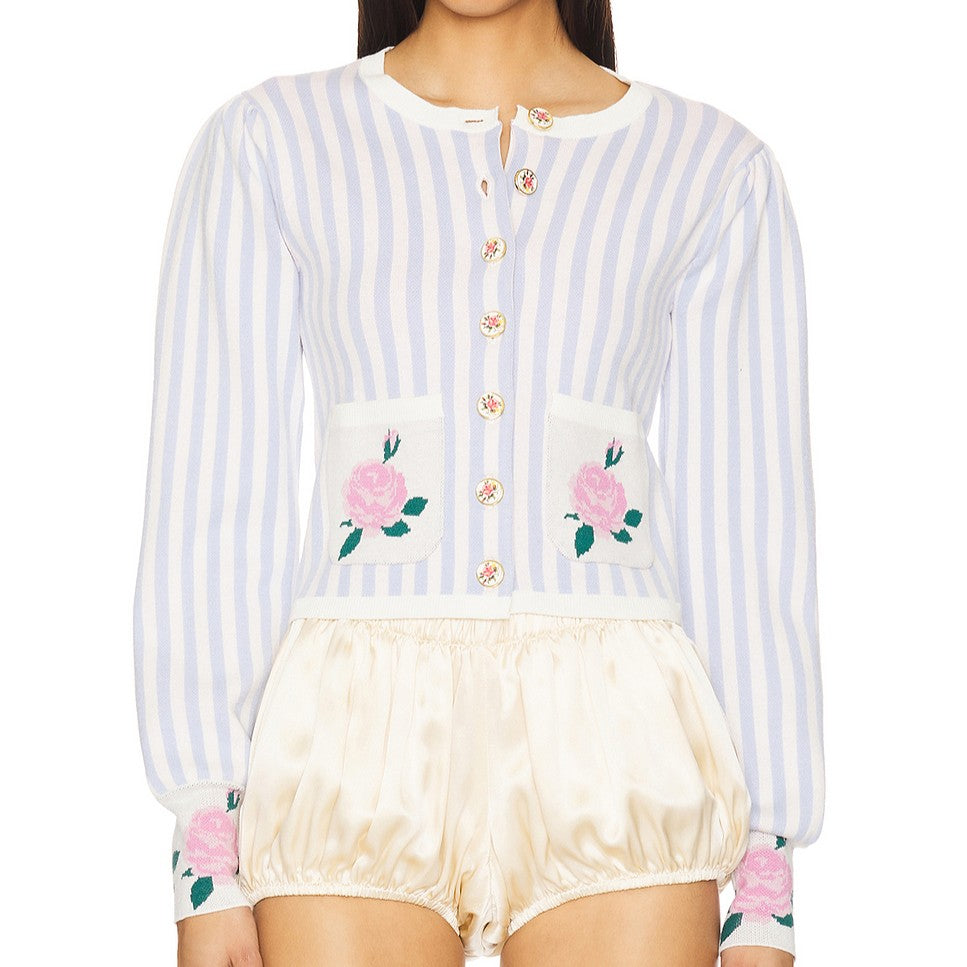 Summer Classic Casual Striped Floral Pocket round Neck Long Sleeve Sweater TinkleBell