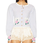 Summer Classic Casual Striped Floral Pocket round Neck Long Sleeve Sweater TinkleBell