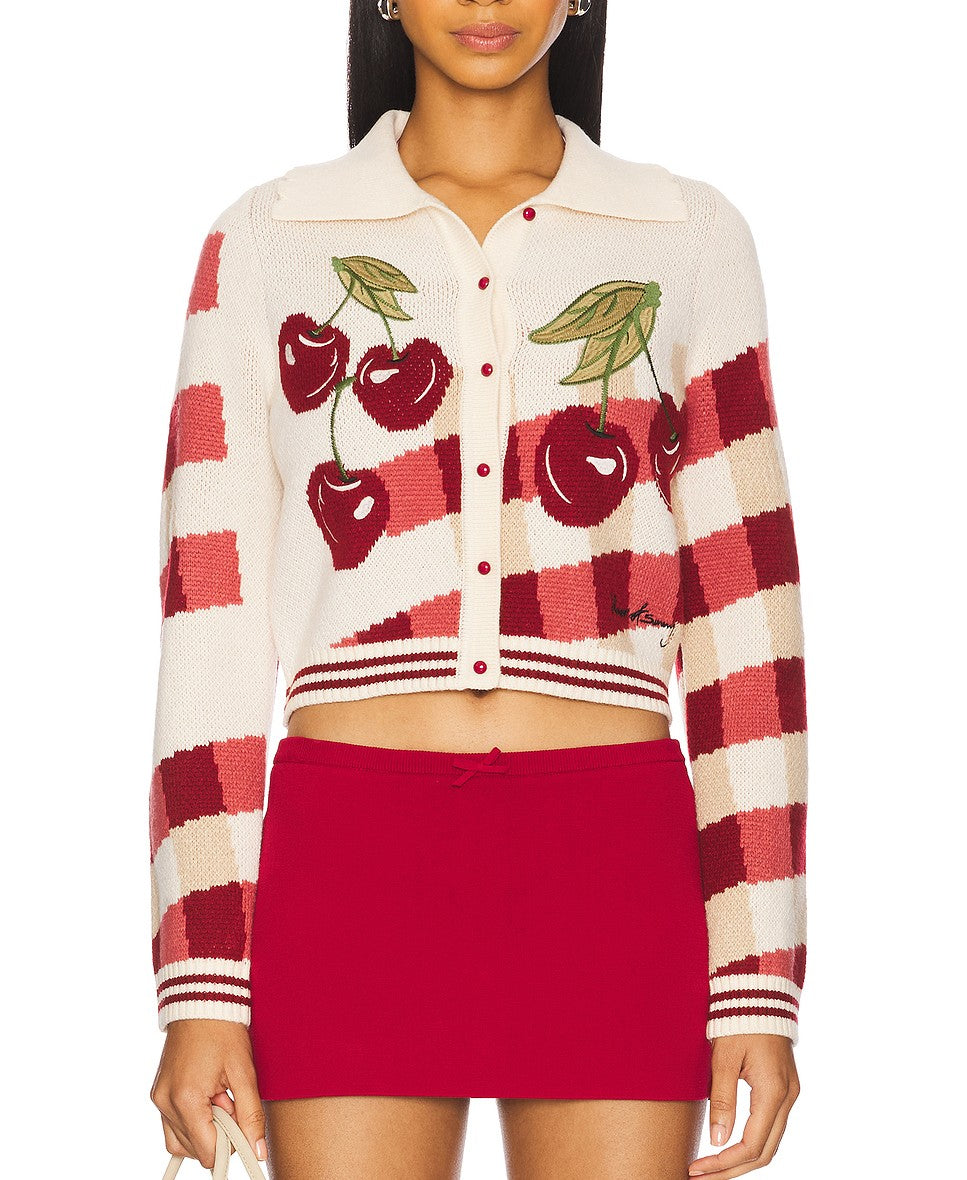 All Match Collared Long Sleeve Women Loose Casual Top Cherry Jacquard Women Knitted Jacket TinkleBell