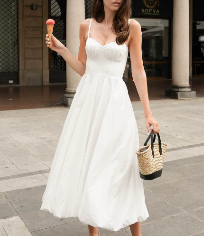 Vestido globo de algodón con tirantes, vestido de verano con cintura ajustada y vuelo de burbujas, vestido de algodón puro para mujer