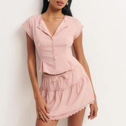 Women Lace Flying Sleeve Top Stitching High Waist Elastic Waist Skirt Sets