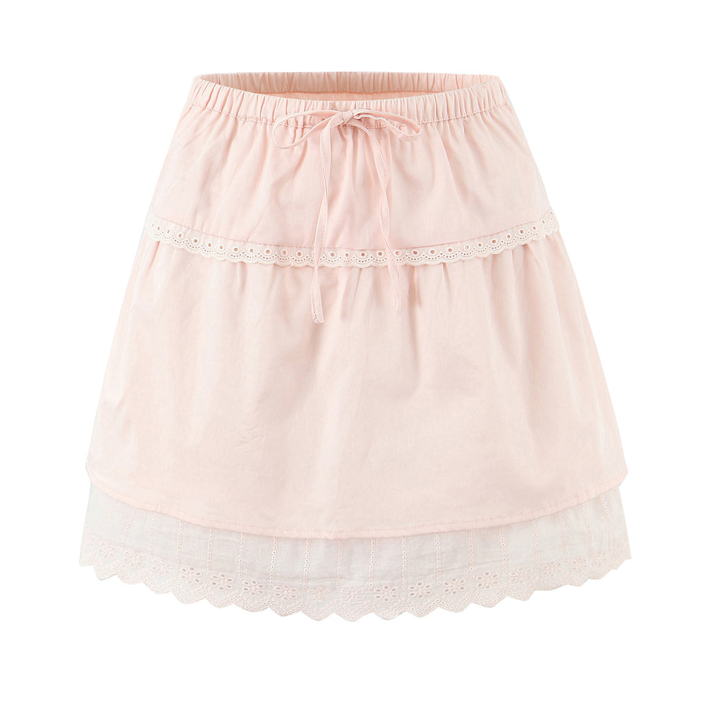 Ensemble jupe et haut à manches volantes en dentelle pour femme, taille haute et élastique.