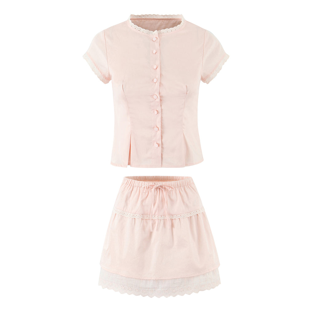 Ensemble jupe et haut à manches volantes en dentelle pour femme, taille haute et élastique.
