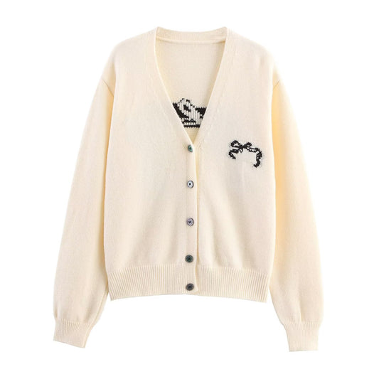 Autumn Women Casual All Match Loose Bow Ribbon Jacquard Sweater