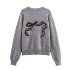 Autumn Women Casual All Match Loose Bow Ribbon Jacquard Sweater