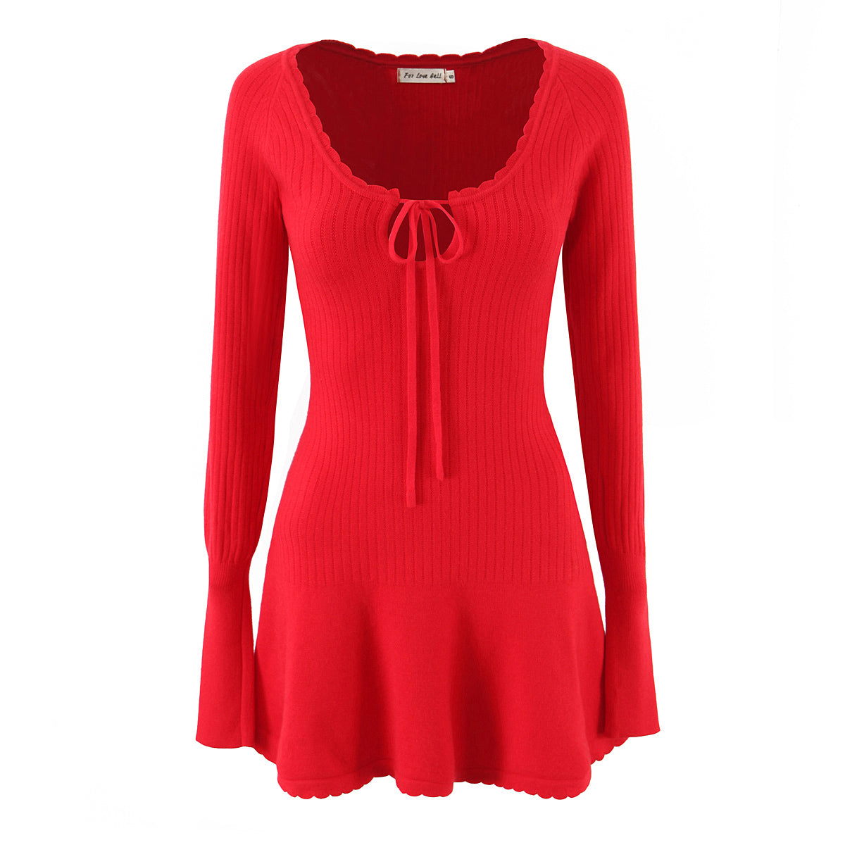Fall French Wave Edge Chest Lace up Elegant Slim Fit Long Sleeve Knitted Dress TinkleBell