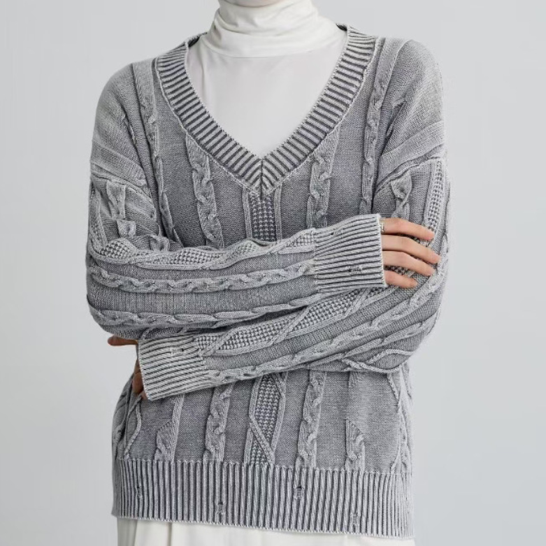 Suéter torcido con cuello en V para otoño e invierno, ropa de abrigo informal para mujer