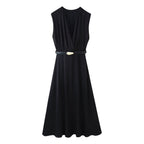 Vestido midi informal de verano para mujer, adelgazante, de color liso, con escote en V y costuras de cinturón
