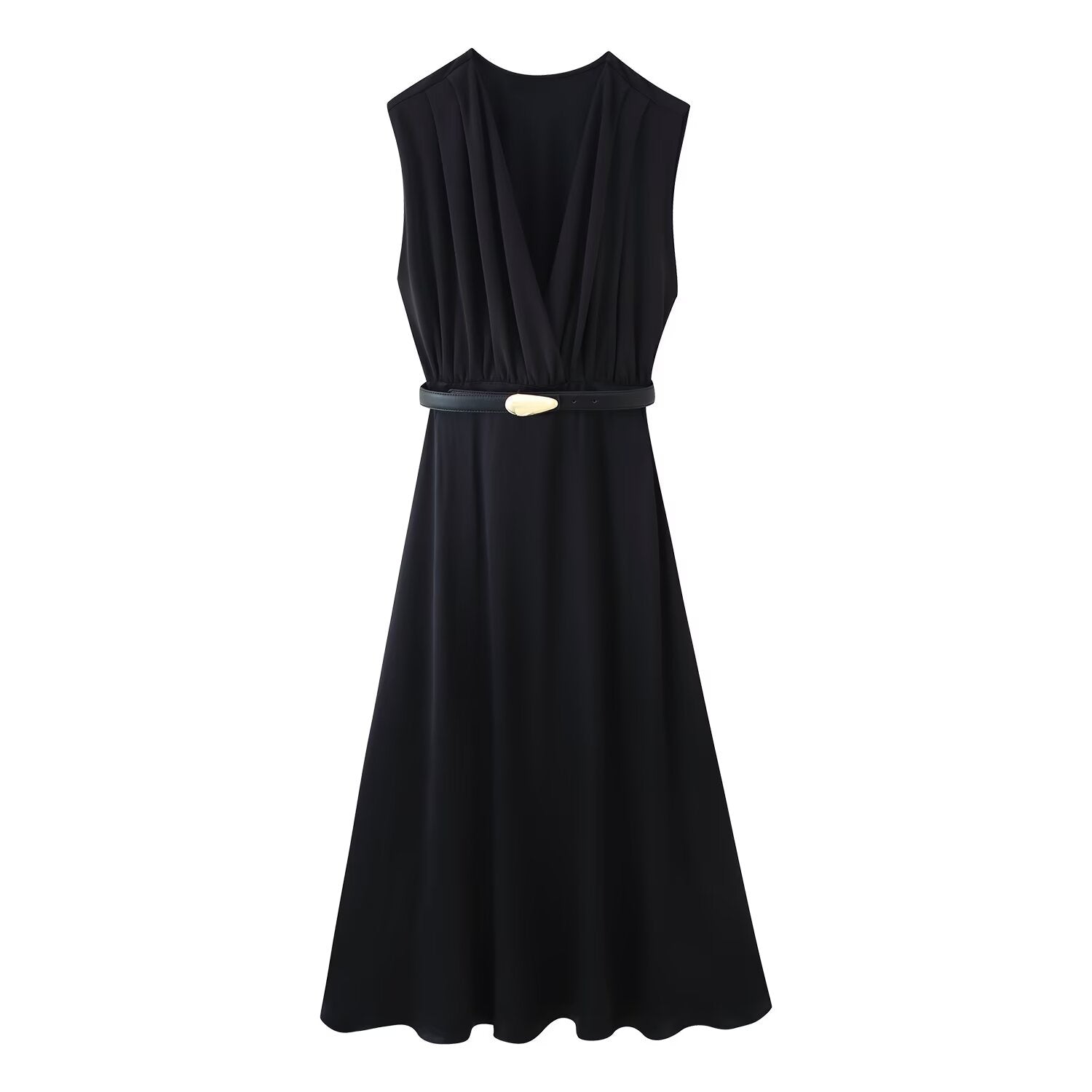 Vestido midi informal de verano para mujer, adelgazante, de color liso, con escote en V y costuras de cinturón
