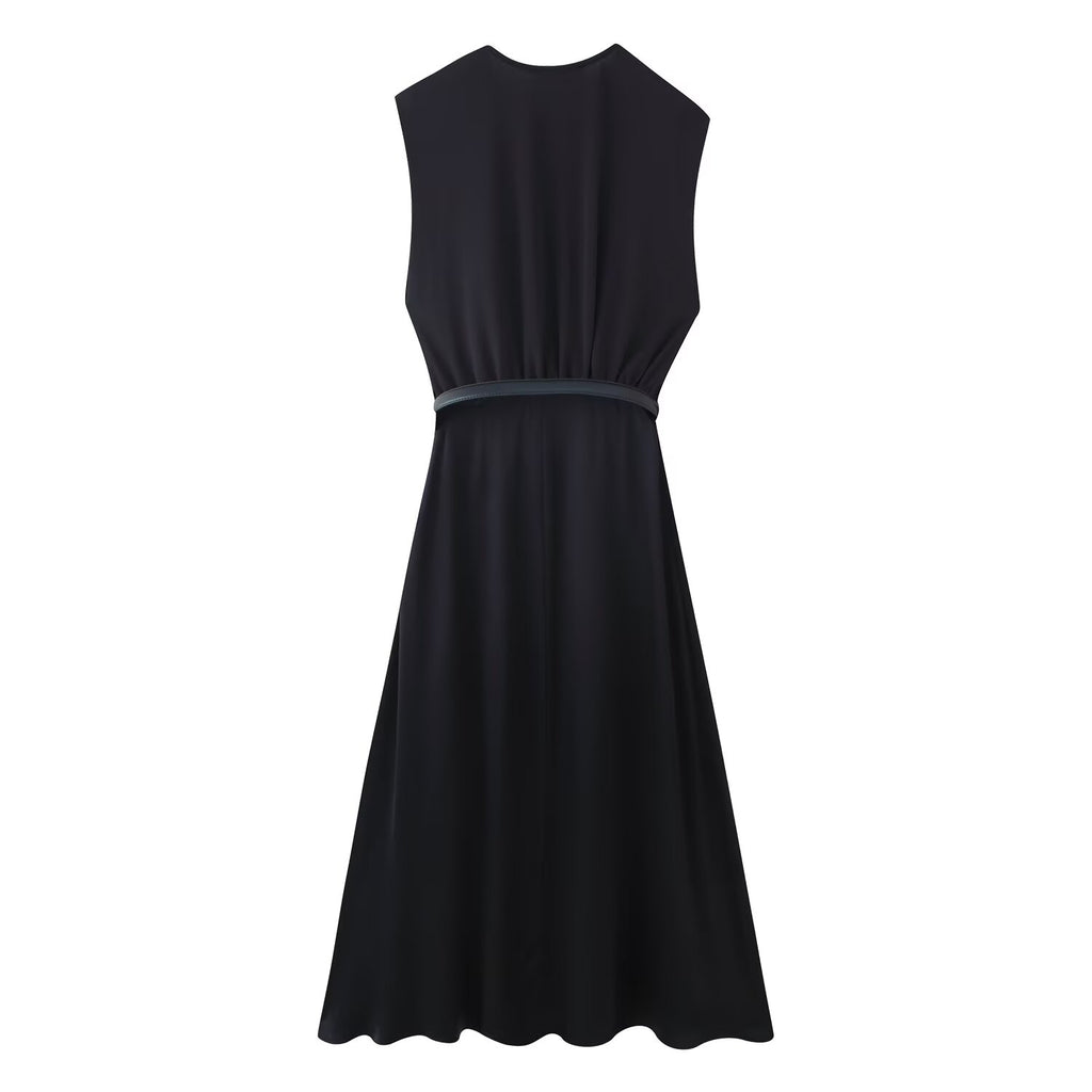 Vestido midi informal de verano para mujer, adelgazante, de color liso, con escote en V y costuras de cinturón