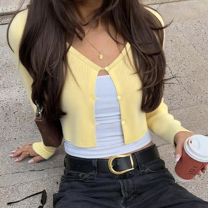 Women Clothing Summer Sexy Cardigan Button Cropped Long Sleeve T shirt Top