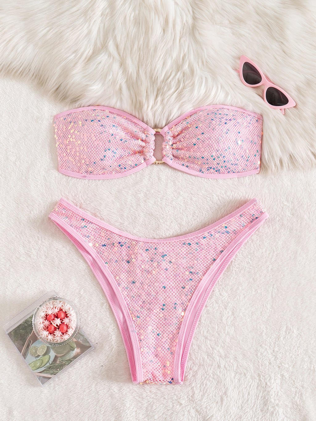 Split Sequ Solid Color Sexy Tube Top Banded Bikini Twingo