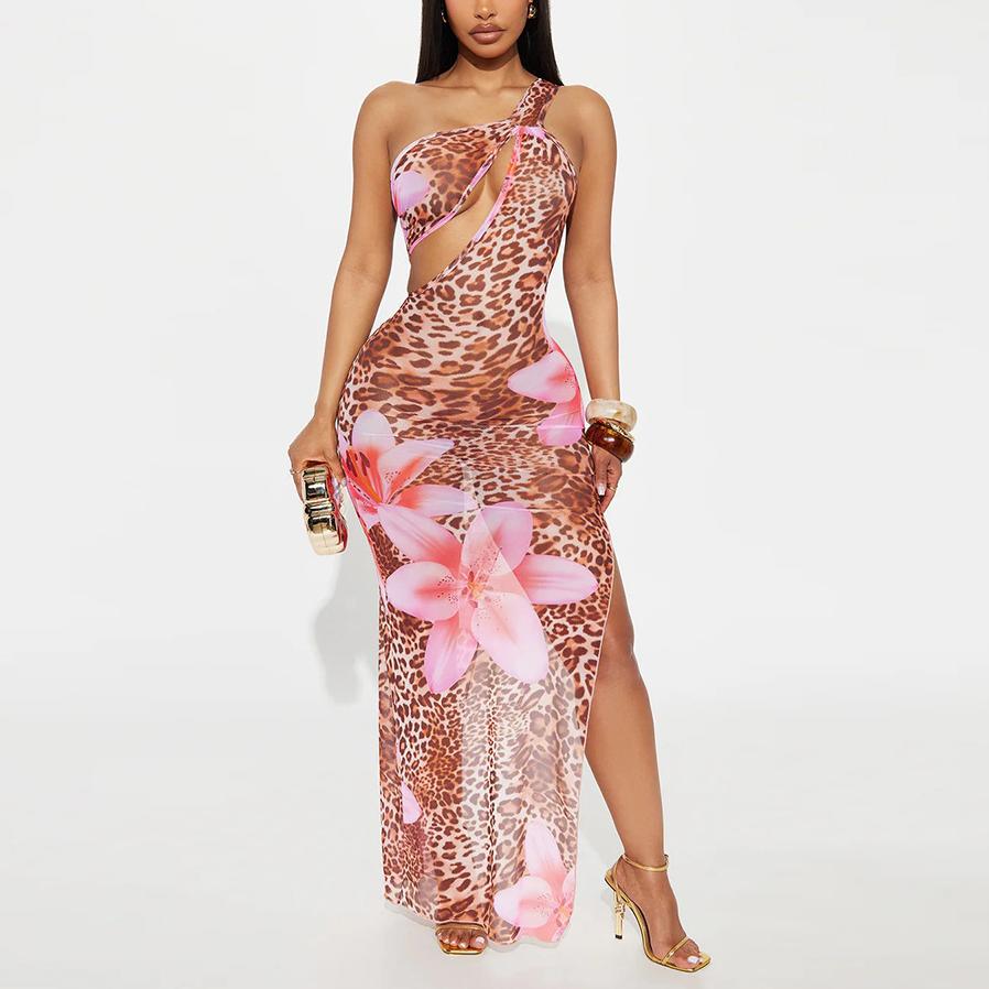 Women Clothing Diagonal Collar Hollow Out Cutout out See through Mesh Floral Print Dress