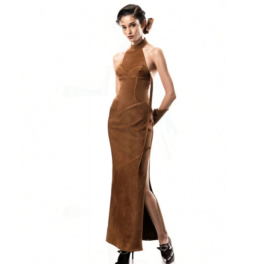 Vestido elegante de franela de verano para mujer, estilo socialité, con cuello halter, sin mangas y espalda descubierta.