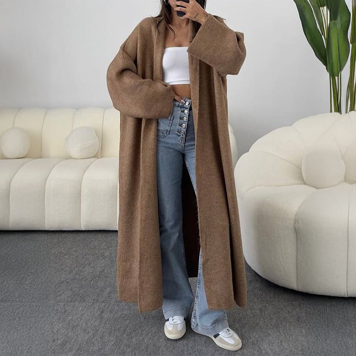 Manteau long en laine à manches longues, trench-coat, pulls, vêtements femme automne-hiver
