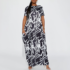 Casual Outing Abstract Printing Black White Short Sleeved Dress Comfortable Home Loose round Neck Jumpsuit Venly