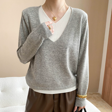 Early Autumn Contrast Colors False Two Piece V neck Loose Slimming Lazy Sweater