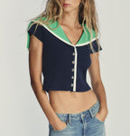 Colorblock Collared Slim Fit Short Knitted Top