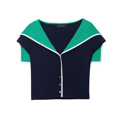Colorblock Collared Slim Fit Short Knitted Top