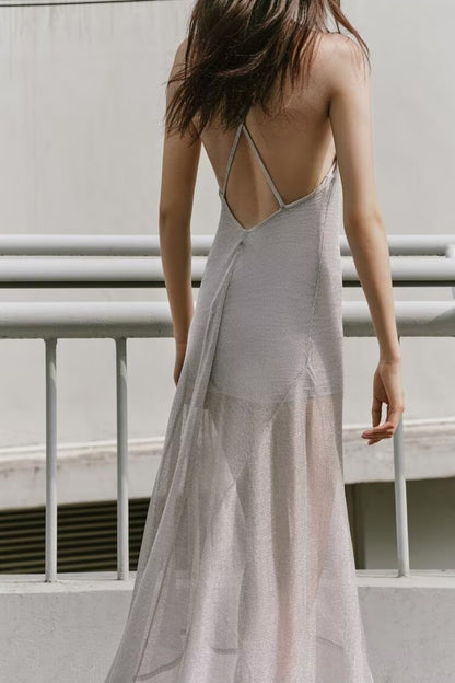 Women Wear Metal Color Thread Midi Dress Sling Dress