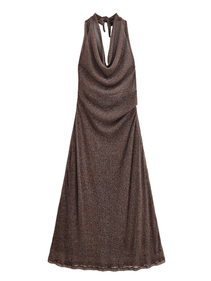 Women Clothing Autumn Backless Metallic Dress