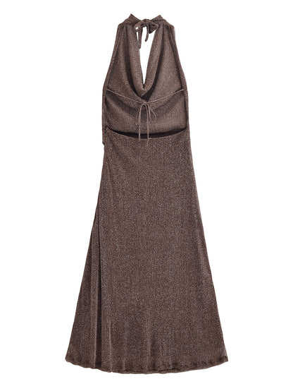 Women Clothing Autumn Backless Metallic Dress