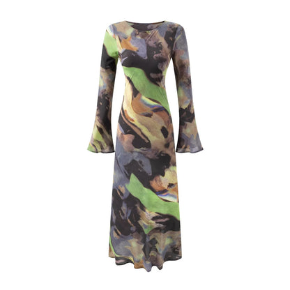 Vacation Casual round Neck Flared Sleeves Printed Dress Women