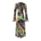 Vacation Casual round Neck Flared Sleeves Printed Dress Women