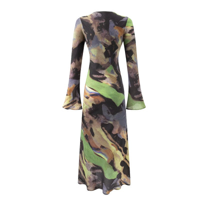 Vacation Casual round Neck Flared Sleeves Printed Dress Women