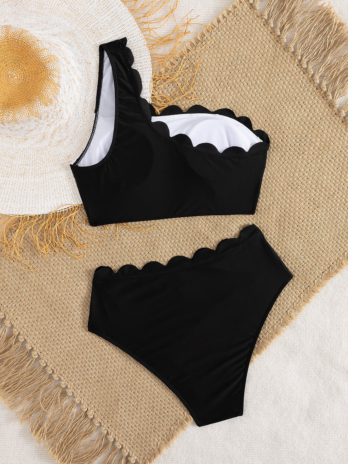 Traje de baño de dos piezas, bikini sexy, color de contraste blanco y negro, con volantes y cintura alta.