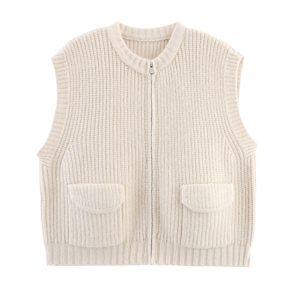 Pull cardigan zippé à col rond et poches, en maille épaisse, idéal pour l'automne.