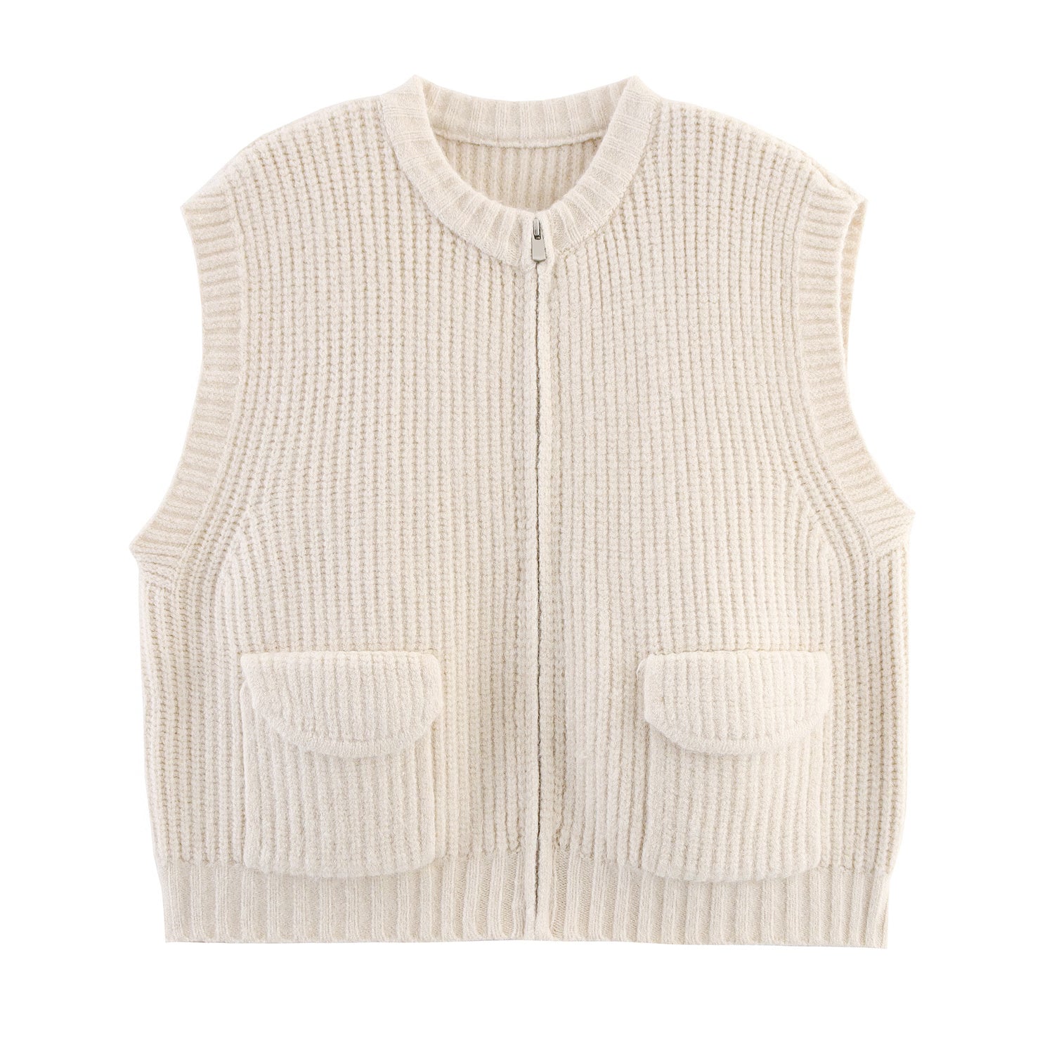 Pull cardigan zippé à col rond et poches, en maille épaisse, idéal pour l'automne.