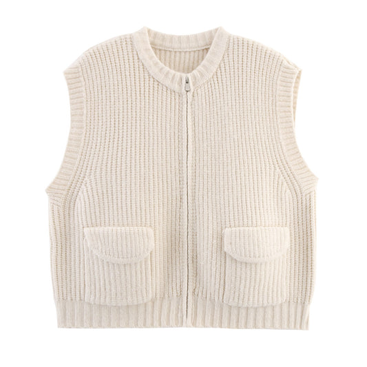 Fall Women Clothing Thick Needle round Neck Pocket Knitted Sweater Zipper Cardigan Vest