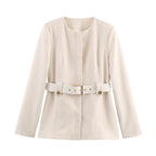 Women Clothing Fashionable Slim Fit Belt Blazer Bell Bottom Pants Sets SenDa
