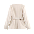 Women Clothing Fashionable Slim Fit Belt Blazer Bell Bottom Pants Sets SenDa