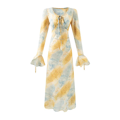 Autumn Women Clothing V neck Mid Length Printed Dress Women