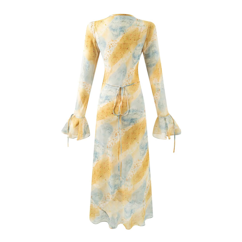 Vestido estampado de longitud media con cuello en V para mujer de otoño