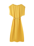 Autumn Women Clothing with Belt Silk Satin Texture Midi Dress for Women CHEN