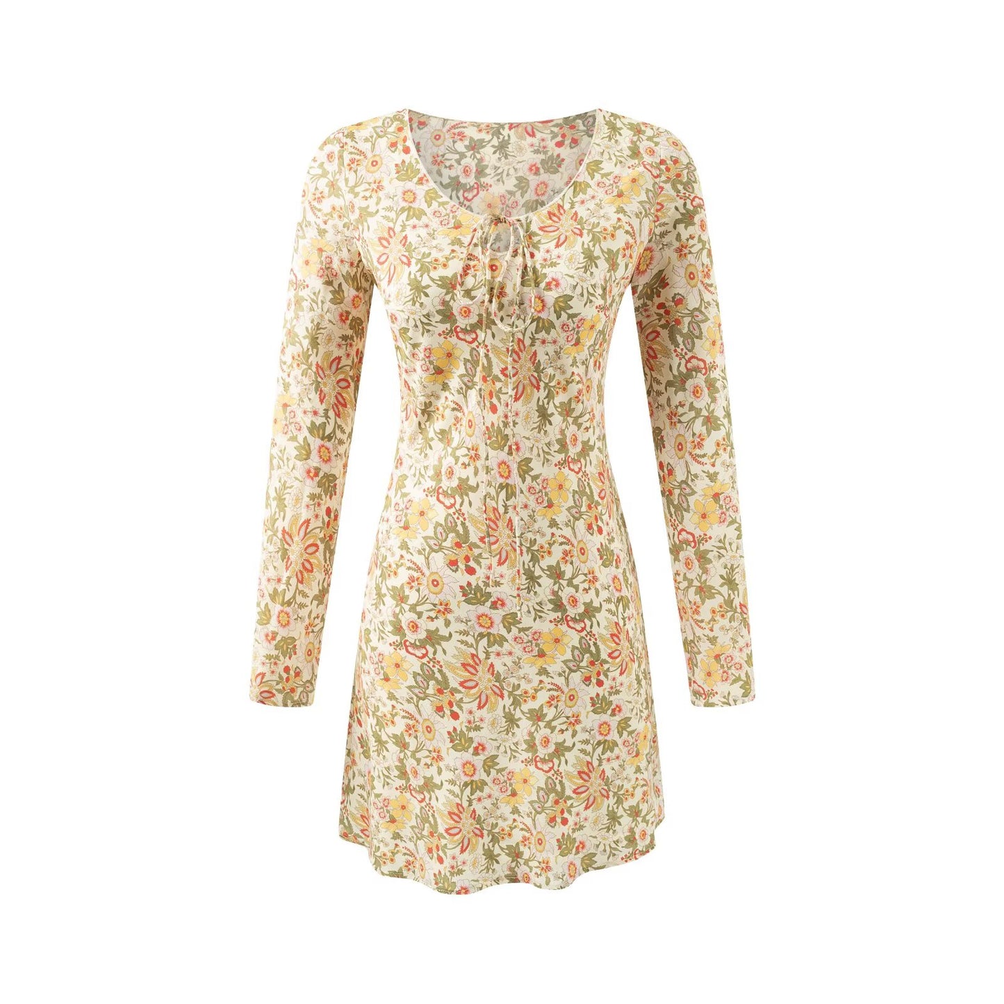 Summer Casual Elegant Floral Printed V neck Tied Long Sleeves Dress