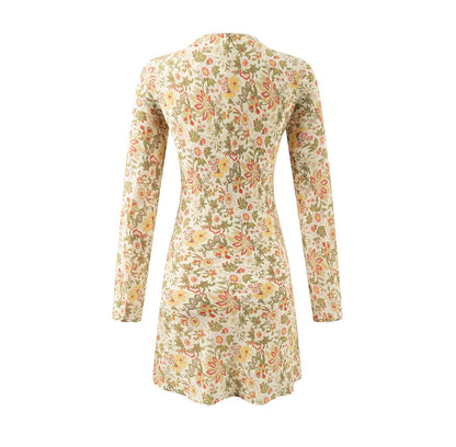 Summer Casual Elegant Floral Printed V neck Tied Long Sleeves Dress