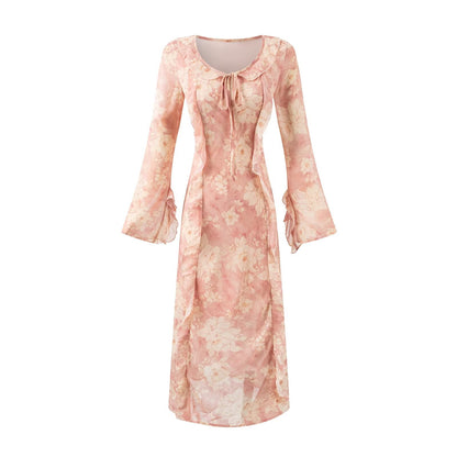 Women Bell Sleeve Mid Length Long Sleeve Printed Dress