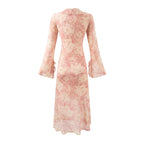 Women Bell Sleeve Mid Length Long Sleeve Printed Dress
