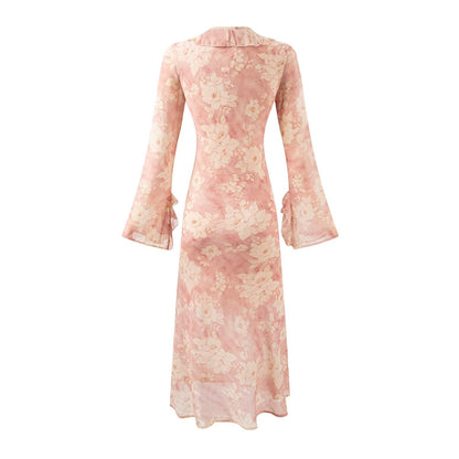 Women Bell Sleeve Mid Length Long Sleeve Printed Dress