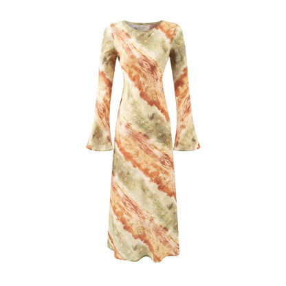 Vintage Printed Chic Flared Long Sleeve Vacation Dress round Neck Maxi Dress