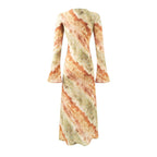 Vintage Printed Chic Flared Long Sleeve Vacation Dress round Neck Maxi Dress