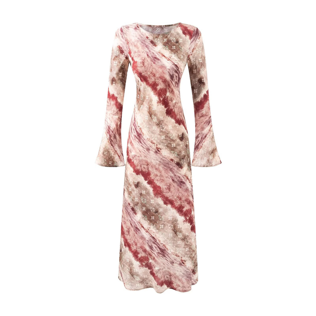 Vintage Printed Chic Flared Long Sleeve Vacation Dress round Neck Maxi Dress