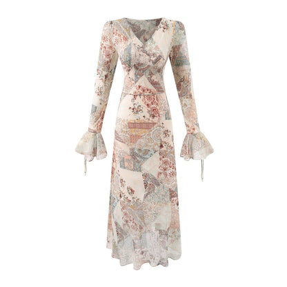 Summer Women Long Sleeved V neck Printed Dress Women