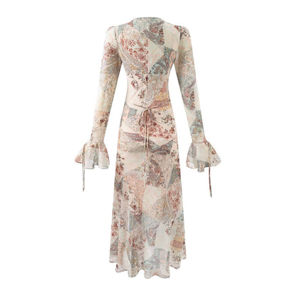 Summer Women Long Sleeved V neck Printed Dress Women