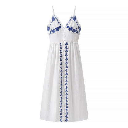 Vestido de mujer con tirantes bordados y largo medio para vacaciones de otoño