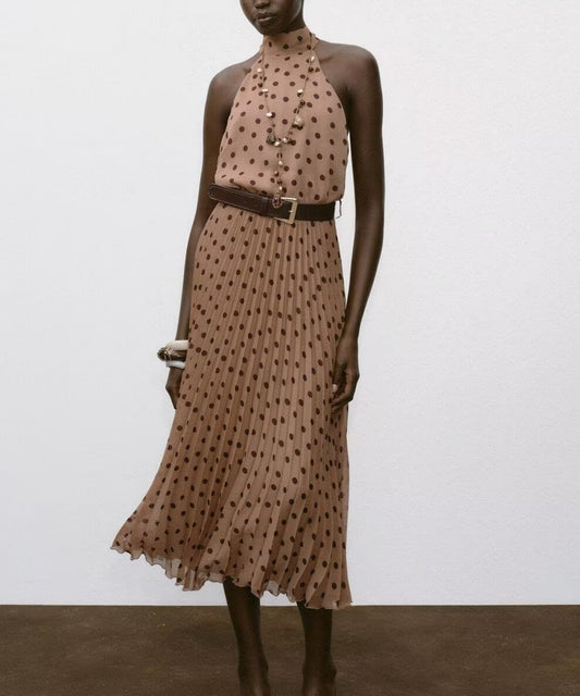 Dress Polka Dot Belt Midi Skirt Elegant Women Clothing